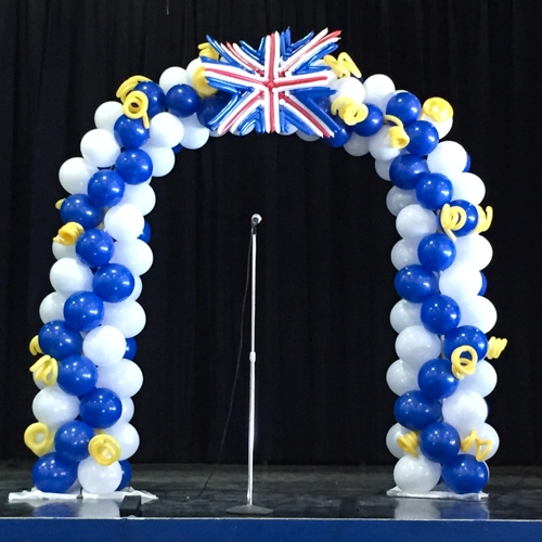 blue, yellow, and white balloon arch and Union Jack