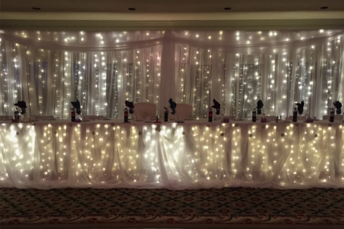 head table with organza backdrop and lights