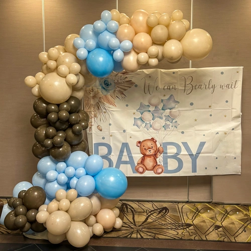 blue & beige organic balloon arch for baby shower