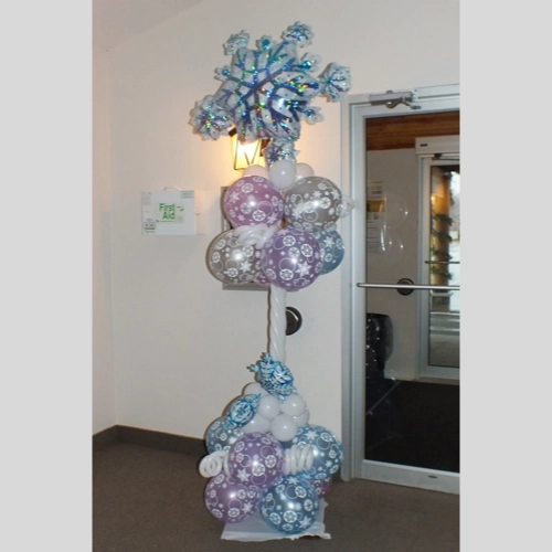 pink and blue snowflake balloon column