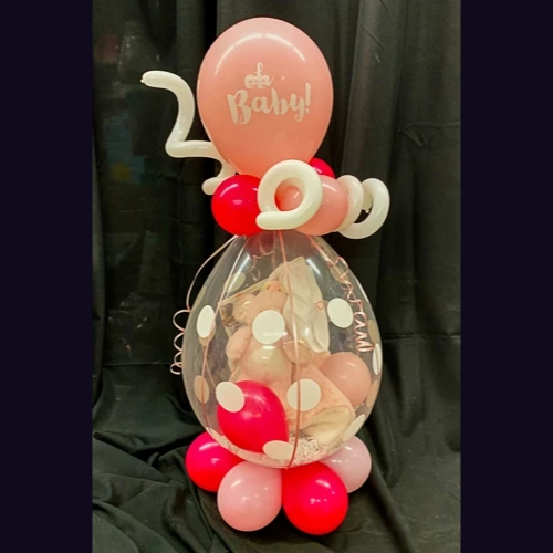 bear and balloons stuffed in clear balloon for baby