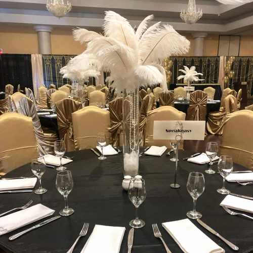 glass with white feather plumes for Roaring 20