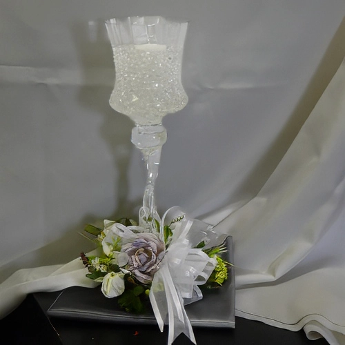 crystal glass with tea light, and flower base centrepiece