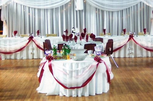 ceiling & table treatments ribbon and bow striping table treatment with head table and backdrop