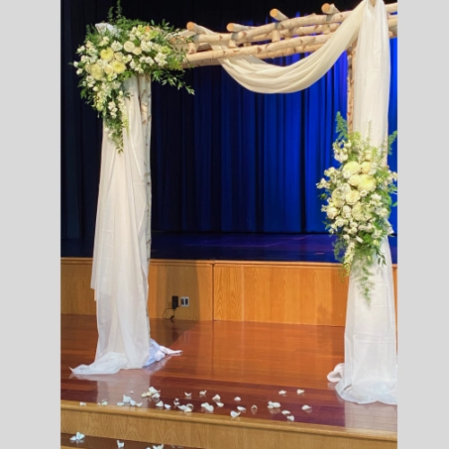 birch arch with organza draping and white flowers